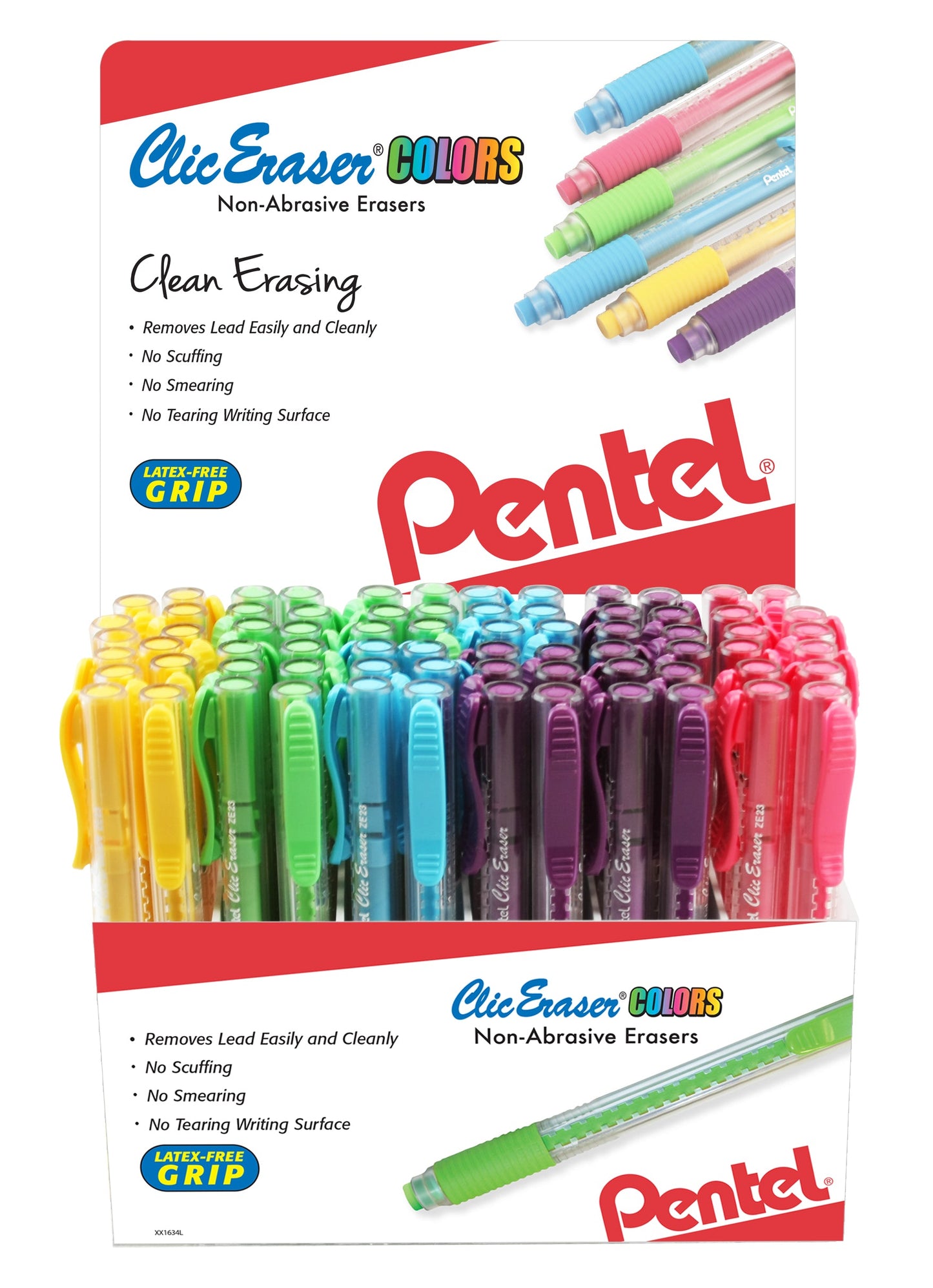 Clic Eraser COLORS, Retractable Pen Eraser, Assorted Eraser Colors, Open Stock Display - 72 Pieces (ZE23-6)