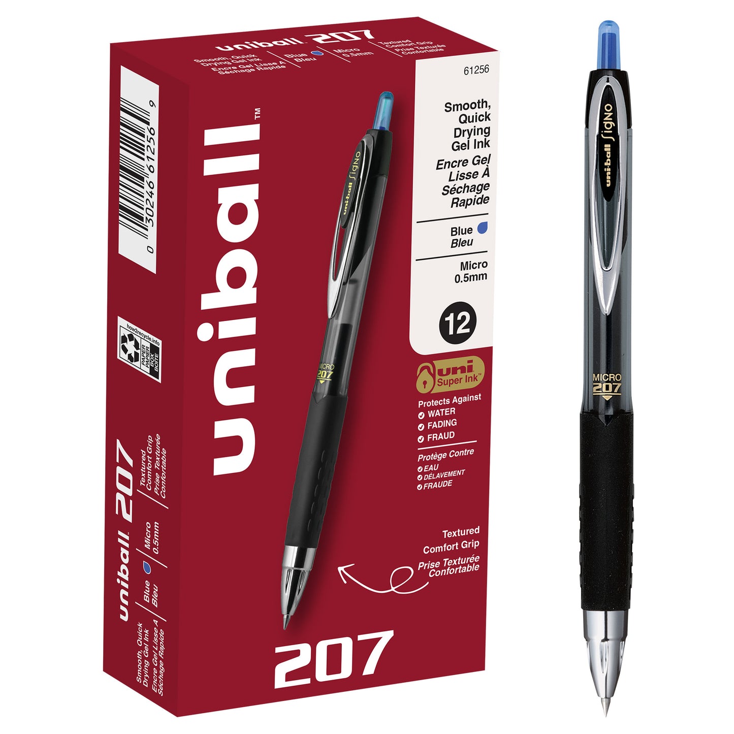 uniball™ 207 Retractable Gel Pens, Micro Point (0.5mm), Blue, 12 Pack