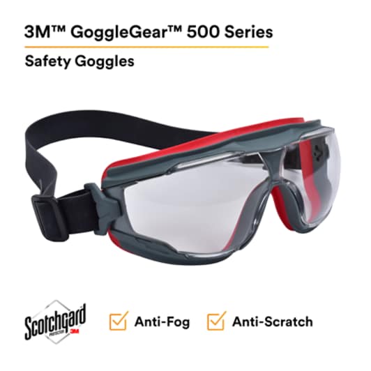 3M™ GoggleGear™ 500-Series GG501NSGAF Clear Scotchgard™ Anti-fog lens, Neoprene Strap, 10 EA/Case