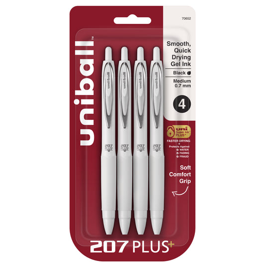 uniball™ 207 Plus+ Retractable Gel Pens, Medium Point (0.7mm), White Barrel, Black Ink, 4 Pack