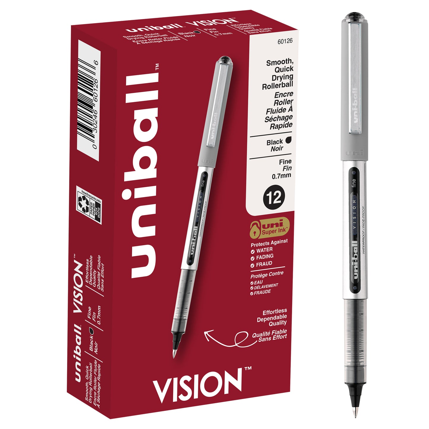 uniball™ Vision Rollerball Pens, Fine Point (0.7mm), Black, 12 Pack