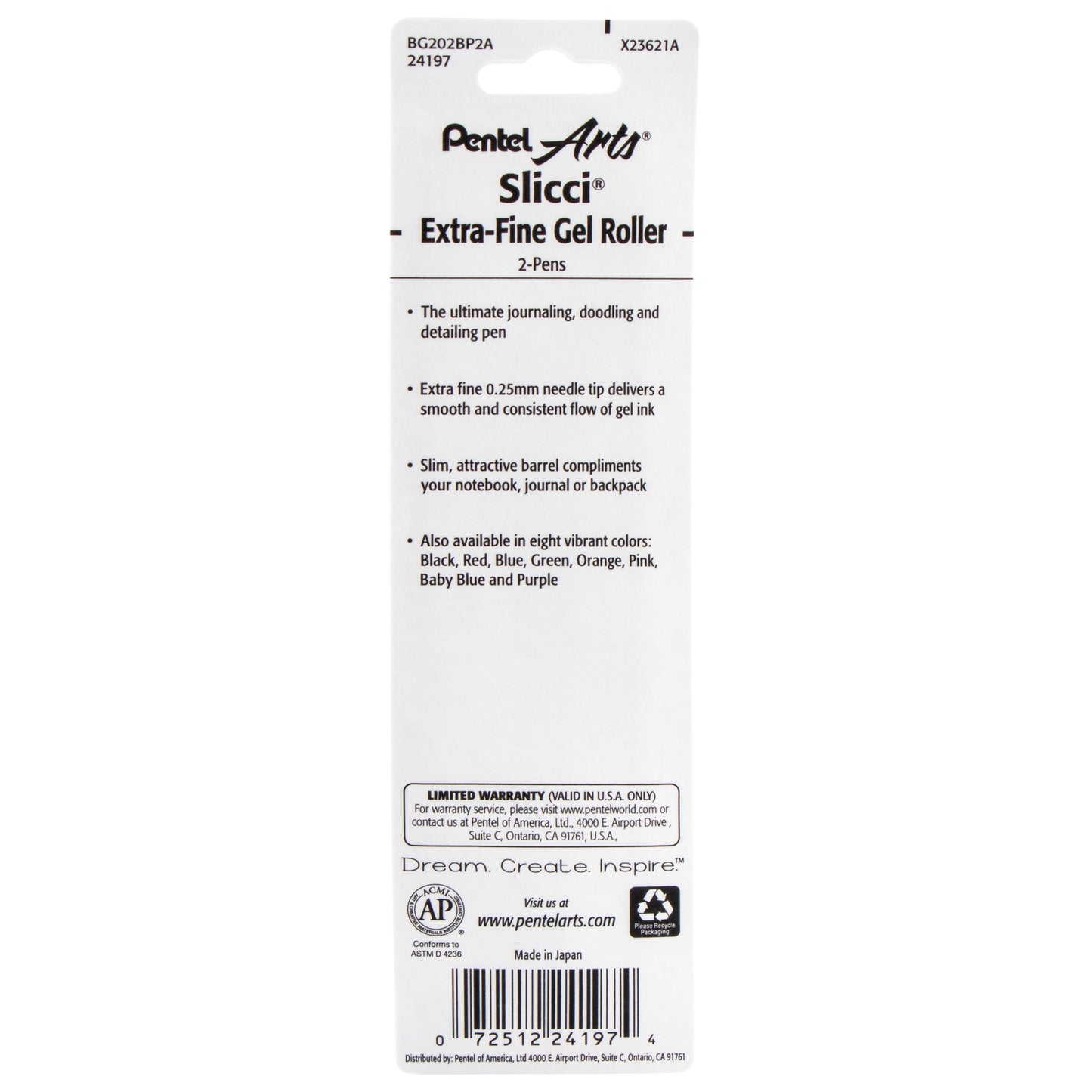 Pentel Arts Slicci (0.25mm) Extra Fine Gel Pen Black Ink 2-Pk (BG202BP2A)