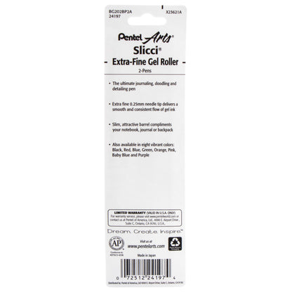 Pentel Arts Slicci (0.25mm) Extra Fine Gel Pen Black Ink 2-Pk (BG202BP2A)