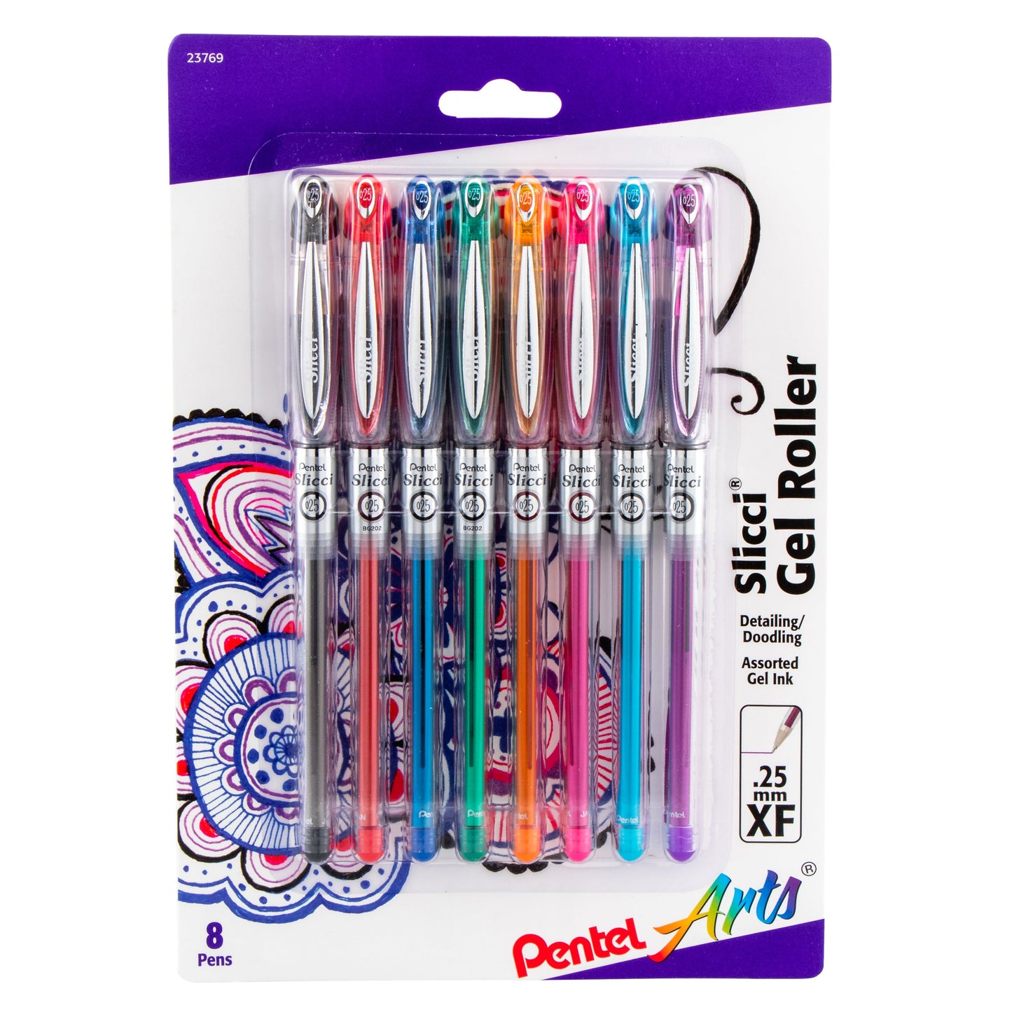 Pentel Arts Slicci (0.25mm) Extra Fine Gel Pen Assorted Ink (A/B/C/D/F/P/S2/V) 8-Pk (BG202BP8M)