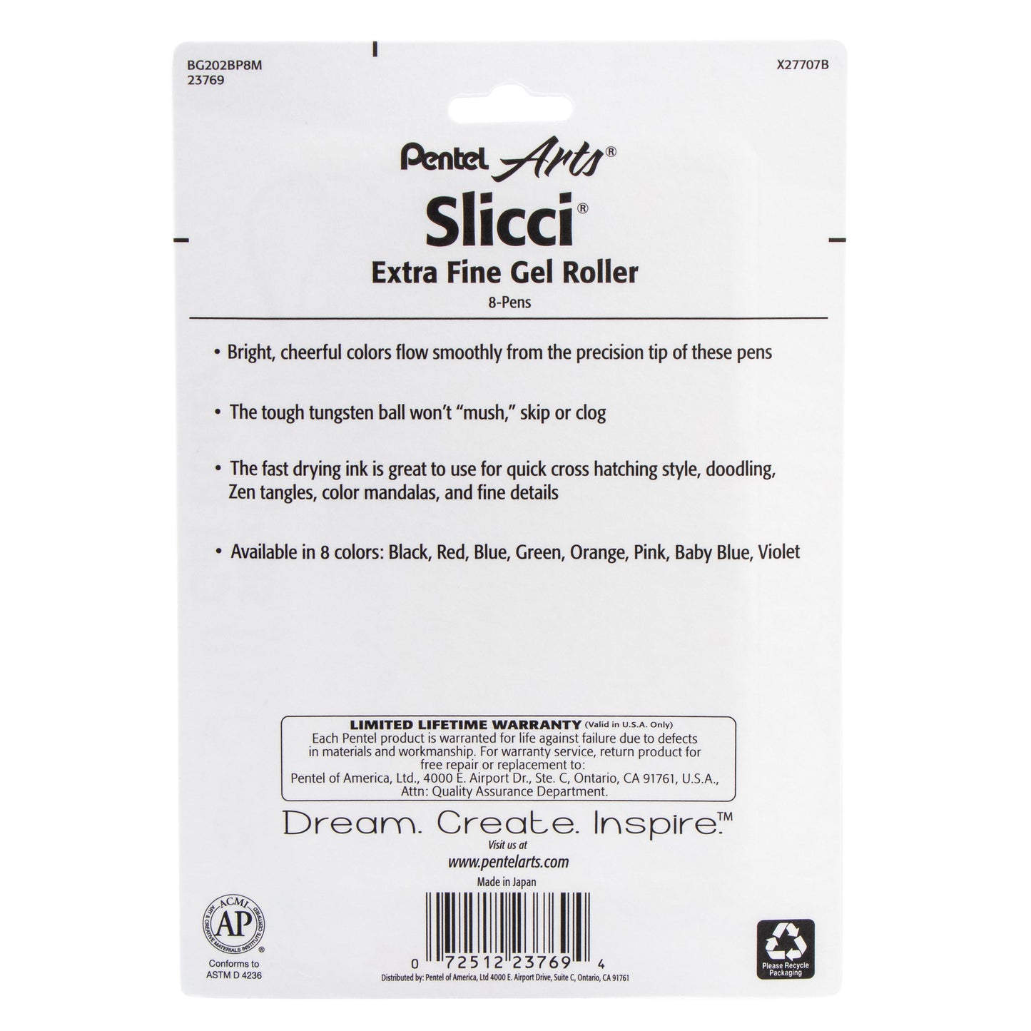 Pentel Arts Slicci (0.25mm) Extra Fine Gel Pen Assorted Ink (A/B/C/D/F/P/S2/V) 8-Pk (BG202BP8M)