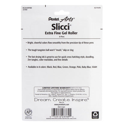 Pentel Arts Slicci (0.25mm) Extra Fine Gel Pen Assorted Ink (A/B/C/D/F/P/S2/V) 8-Pk (BG202BP8M)