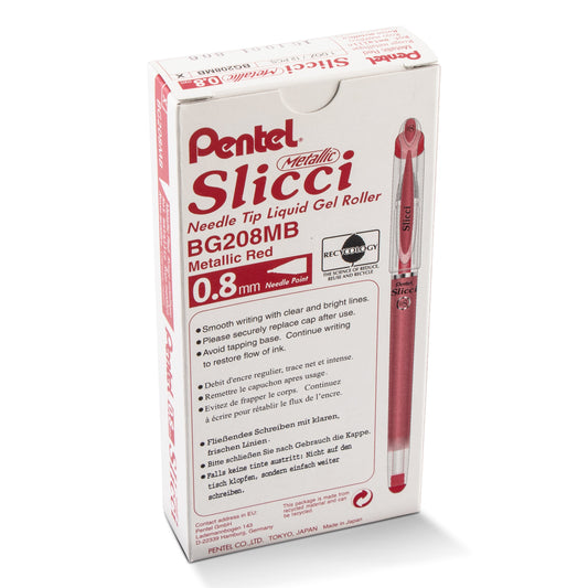 Pentel Arts Slicci METALLIC (0.8mm) Needle Tip Med Gel Pen Red Metallic Ink (BG208-MB)