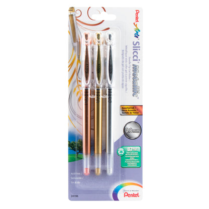 Pentel Arts Slicci METALLIC (0.8mm) Needle Tip Med Gel Pen, Assortd Ink (E/X/Z) 3-Pk (BG208BP3M)