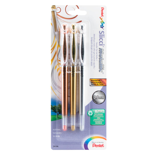 Pentel Arts Slicci METALLIC (0.8mm) Needle Tip Med Gel Pen, Assortd Ink (E/X/Z) 3-Pk (BG208BP3M)