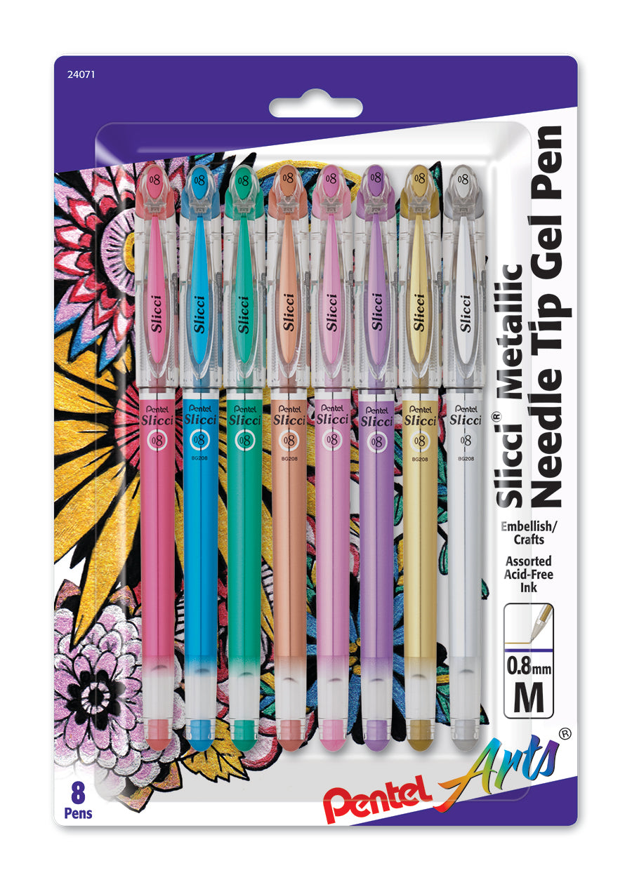 Pentel Arts Slicci METALLIC (0.8mm) Needle Tip Med Gel Pen Assorted Metallic Ink (MB/MC/MD/ME/MP/MV/X/Z), 8-Pk (BG208BP8M)