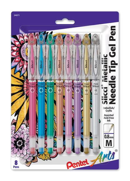Pentel Arts Slicci METALLIC (0.8mm) Needle Tip Med Gel Pen Assorted Metallic Ink (MB/MC/MD/ME/MP/MV/X/Z), 8-Pk (BG208BP8M)