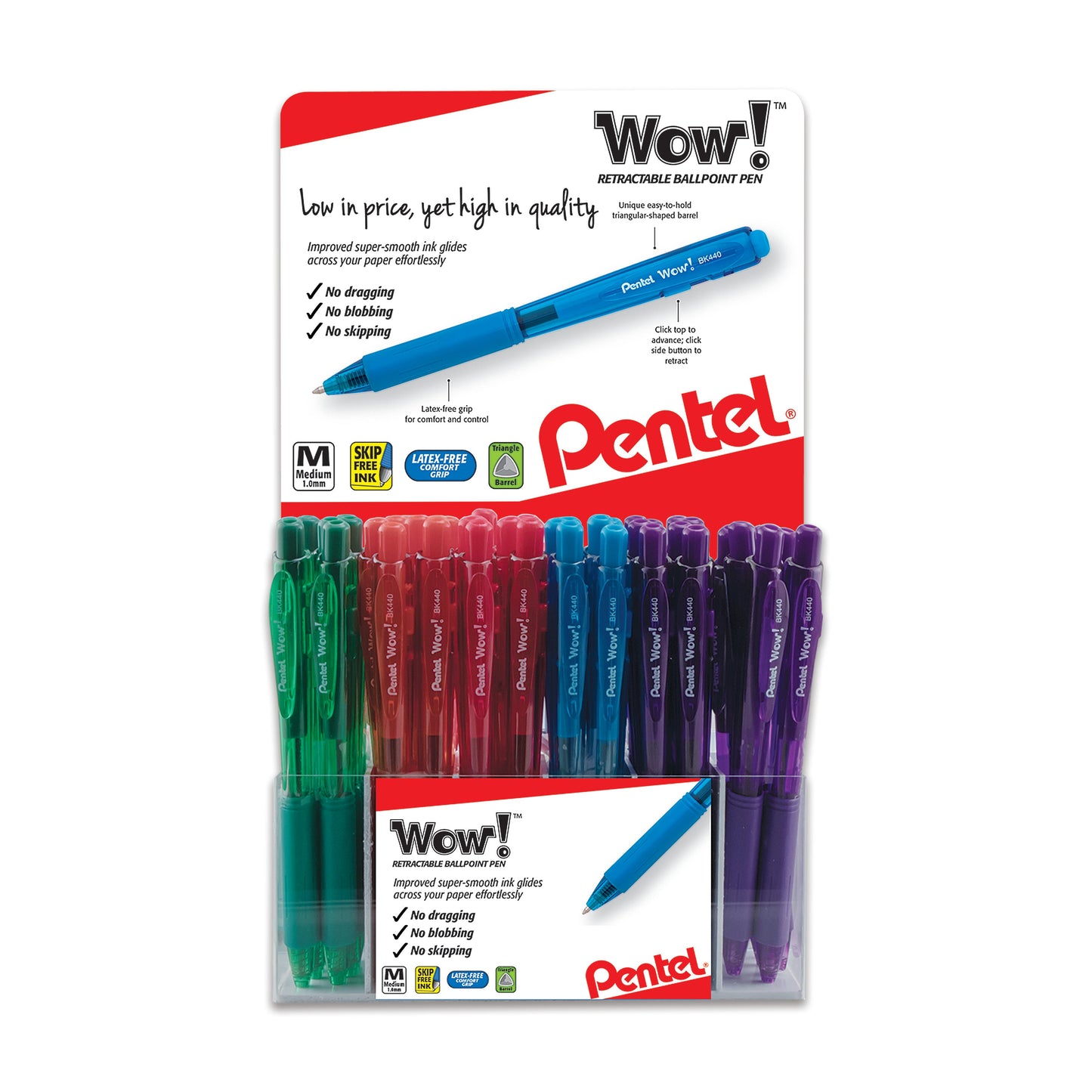 Wow! Colors Retractable Ballpoint Pen, (1.0mm) Medium Line, Assorted Ink Colors, Open Stock Display - 84 Pieces (BK440CR-7)