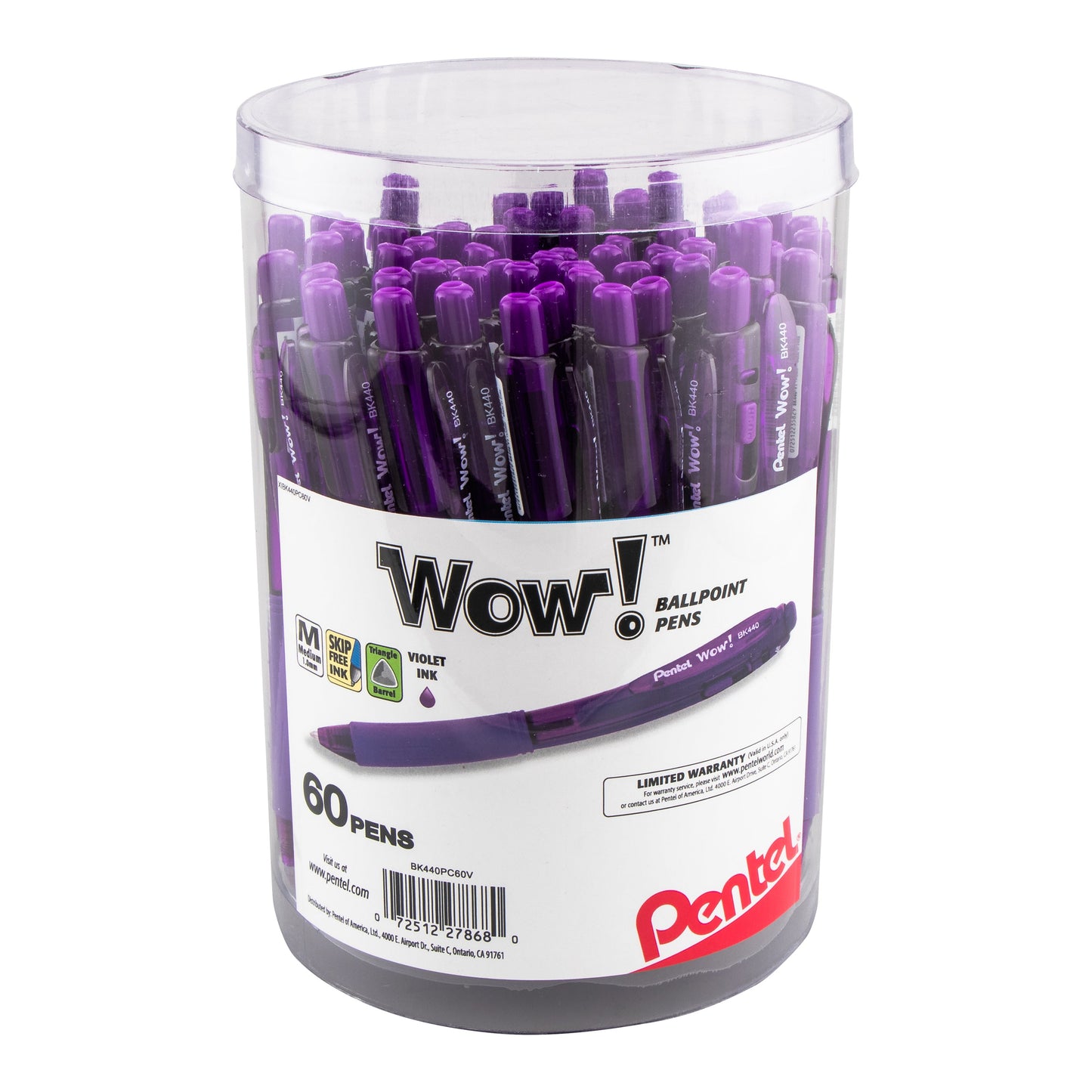 Pentel WOW! Ballpoint Pen, (1.0mm) Med. line, Violet Ink, 60-pk Canister (BK440PC60V)