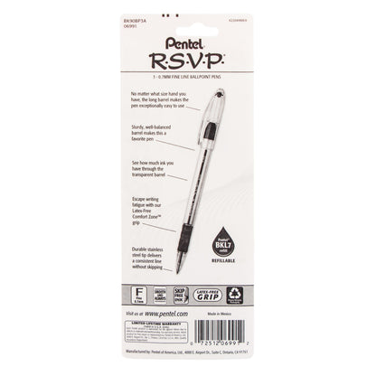 RSVP Ballpoint Pen, (0.7mm) Fine Line, Black Ink 3-Pk (BK90BP3A)