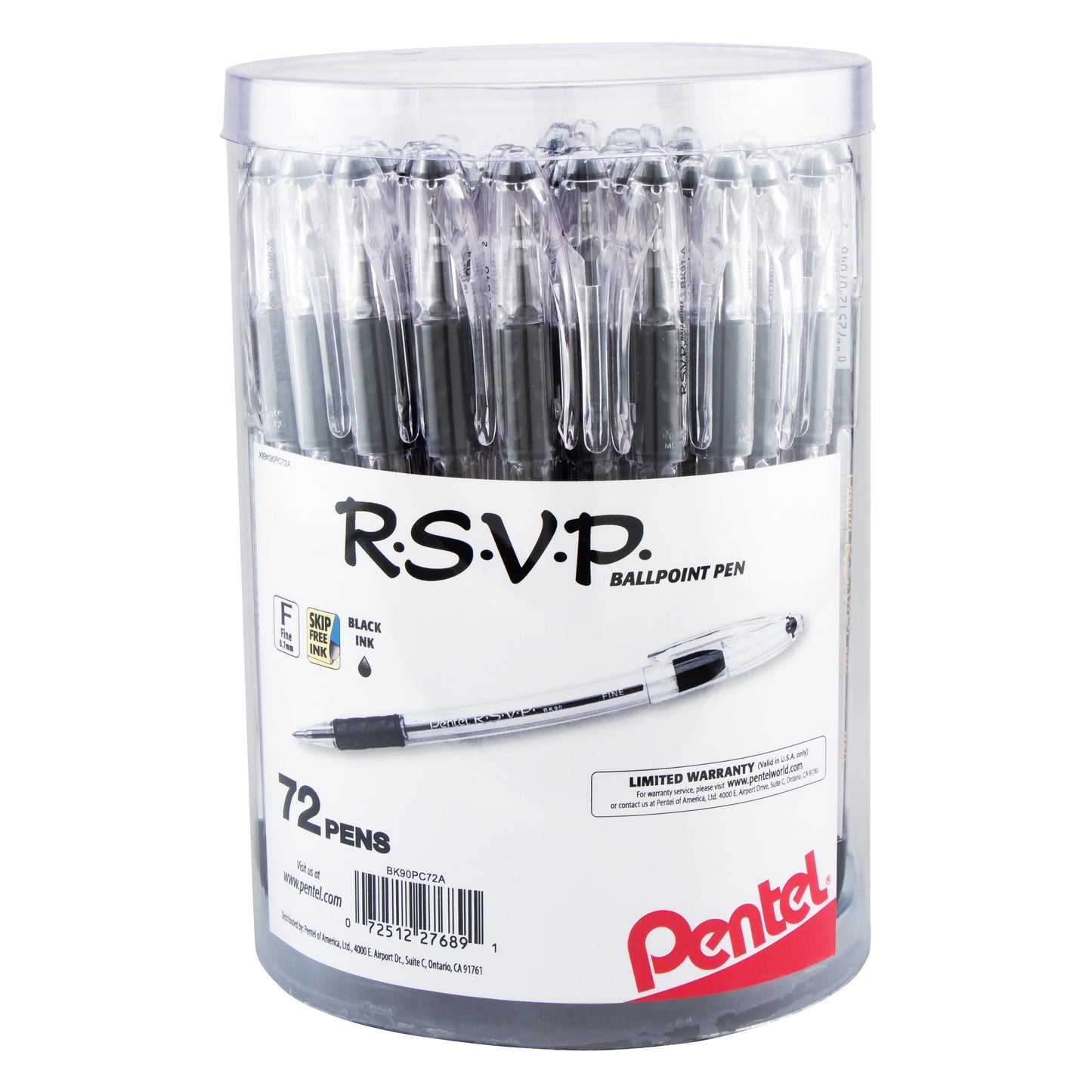 RSVP Ballpoint Pen, (0.7mm) Fine Line, Black Ink, 72-pk Canister (BK90PC72A)
