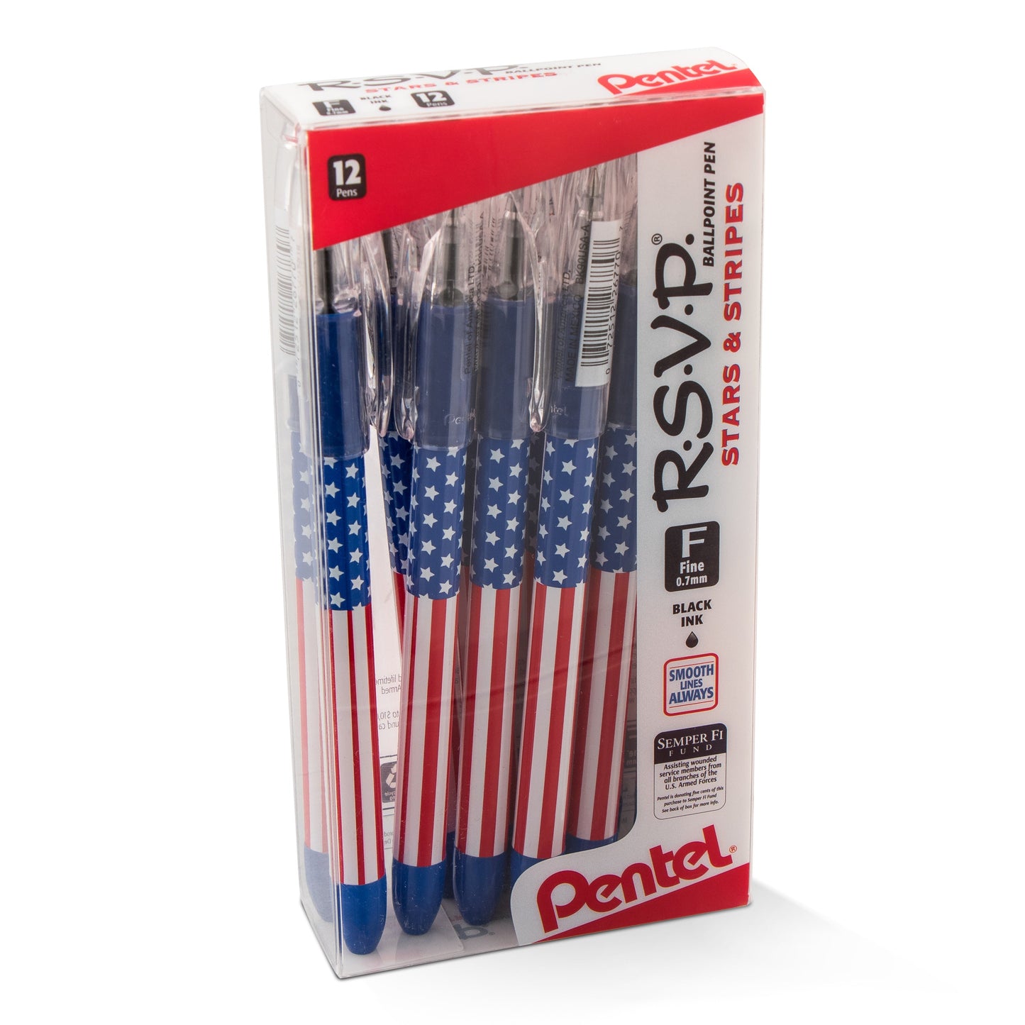 RSVP Ballpoint Pen, (0.7mm) Fine Line, Flag Barrel, Black Ink (BK90USA-A)