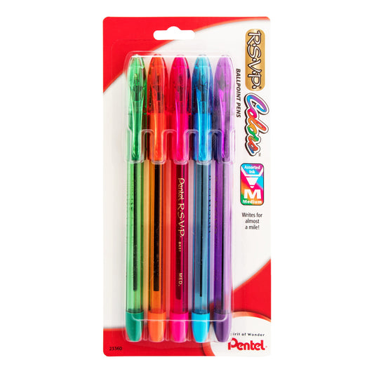 RSVP COLORS Ballpoint Pen, (1.0mm) Medium Line, Assorted Ink (D/F/P/S/V), 5-Pk (BK91CRBP5M)