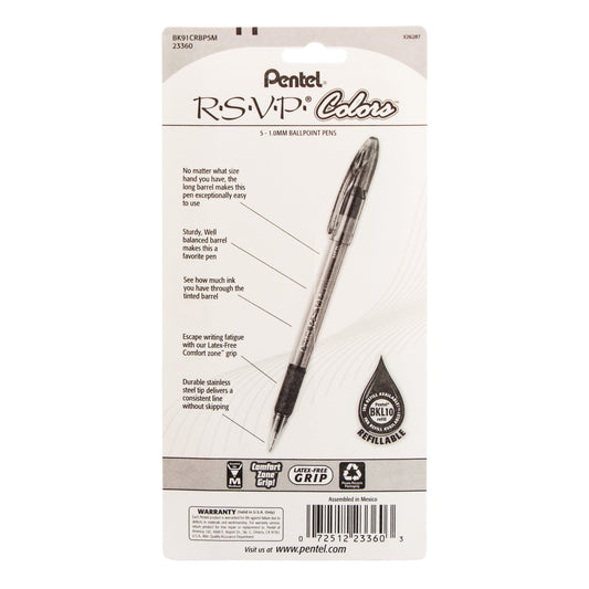 Pentel RSVP COLORS Ballpoint Pen, (1.0mm) Medium Line, Assorted Ink (D/F/P/S/V), 5-Pk (BK91CRBP5M)