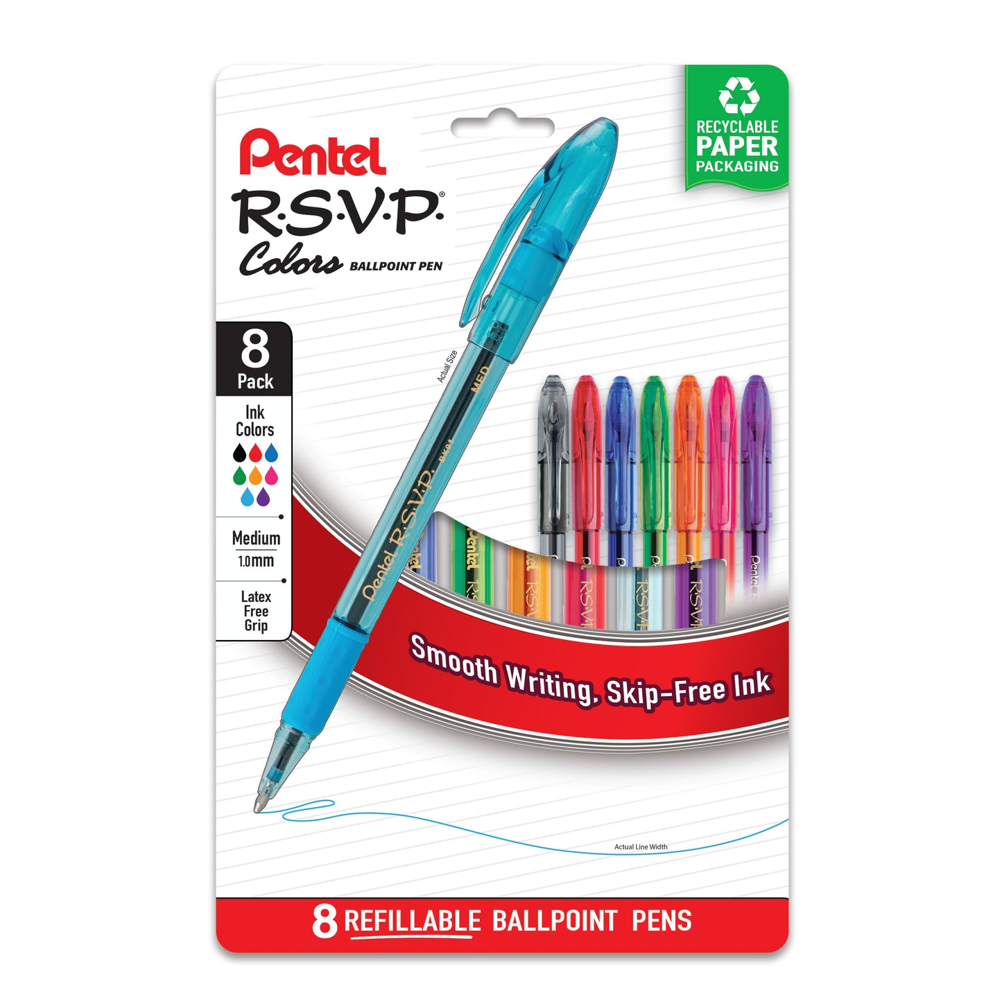RSVP COLORS Ballpoint Pen, (1.0mm) Medium Line, Assorted Ink (A/B/C/D/F/P/S/V), 8-Pk (BK91CRPF8M)