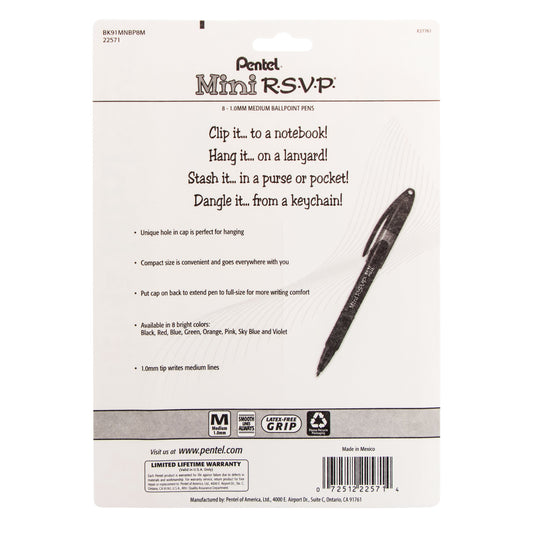 Pentel RSVP Mini Ballpoint Pen, (1.0mm) Medium Line, Assorted Ink (A/B/C/D/F/P/S/V) w/ Key Ring, 8-Pk (BK91MNBP8M)