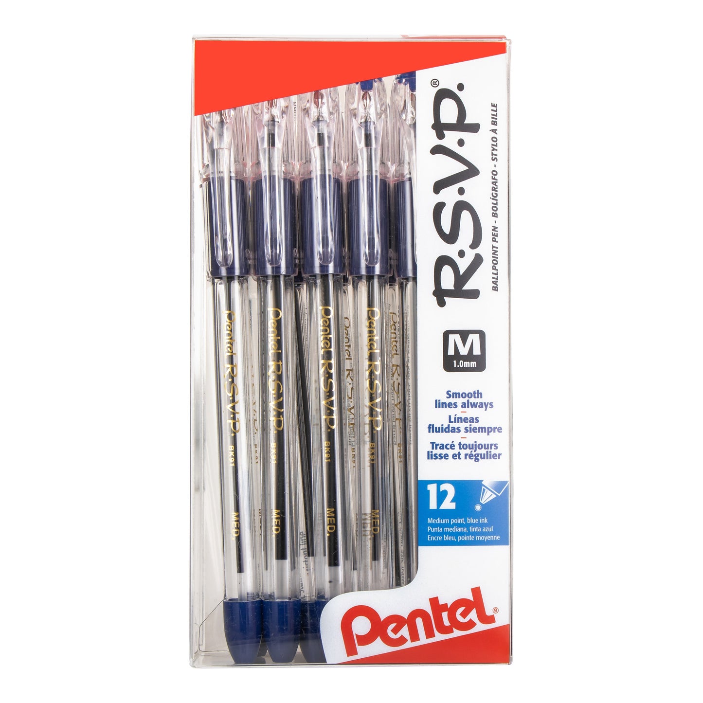 RSVP Ballpoint Pen, (1.0mm) Medium Line, 12-Blue Ink Pen in Clear plastic box (BK91PC12C)