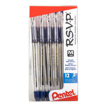 RSVP Ballpoint Pen, (1.0mm) Medium Line, 12-Blue Ink Pen in Clear plastic box (BK91PC12C)