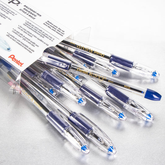 Pentel RSVP Ballpoint Pen, (1.0mm) Medium Line, 12-Blue Ink Pen in Clear plastic box (BK91PC12C)