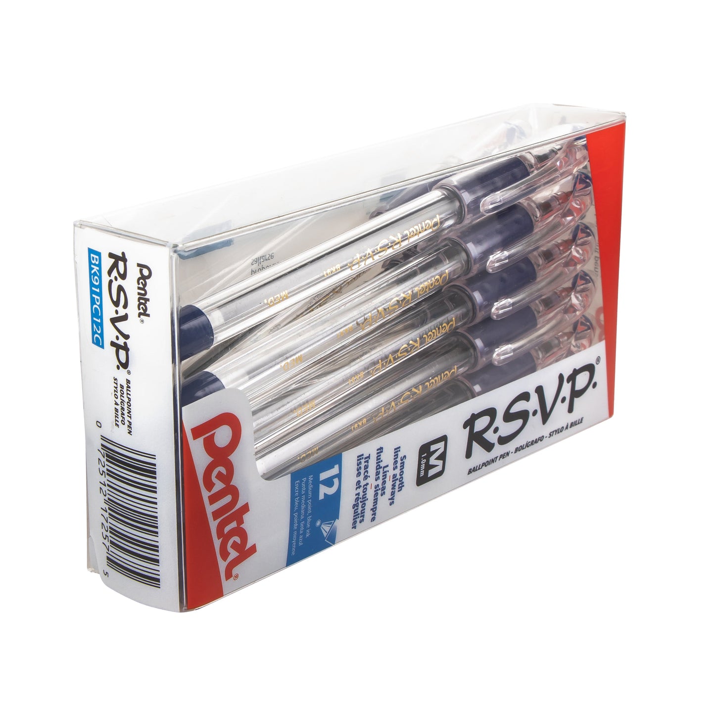 RSVP Ballpoint Pen, (1.0mm) Medium Line, 12-Blue Ink Pen in Clear plastic box (BK91PC12C)