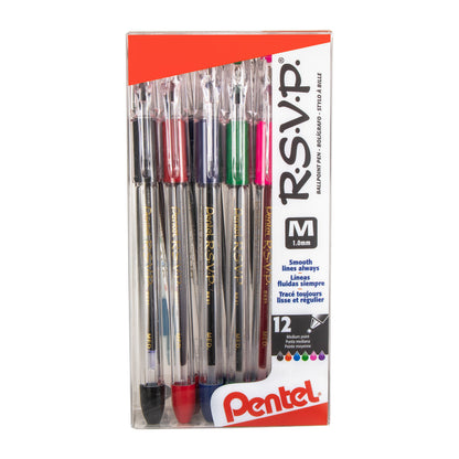 RSVP Ballpoint Pen, (1.0mm) Medium Line, 12-Assorted Ink (5A/2B/2C/D/P/V) Pen in Clear plastic box (BK91PC12M)
