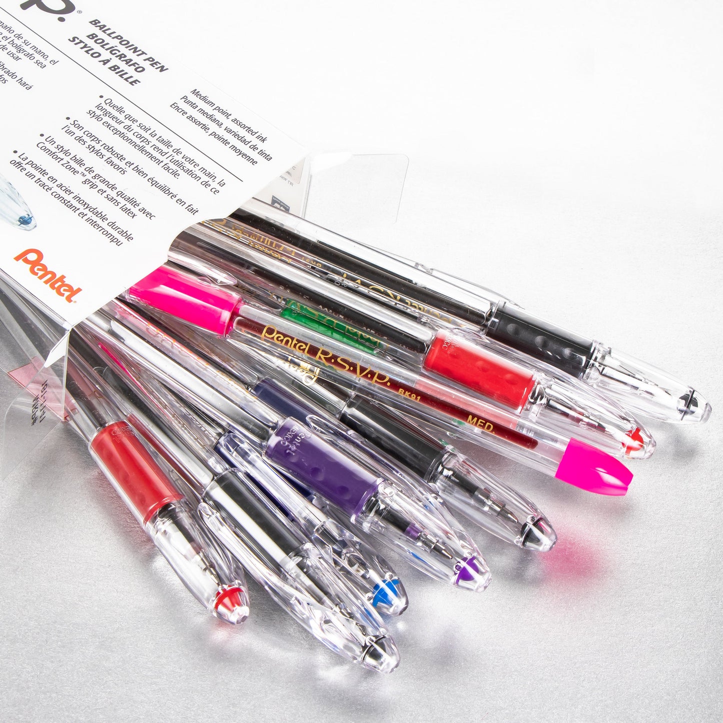 RSVP Ballpoint Pen, (1.0mm) Medium Line, 12-Assorted Ink (5A/2B/2C/D/P/V) Pen in Clear plastic box (BK91PC12M)