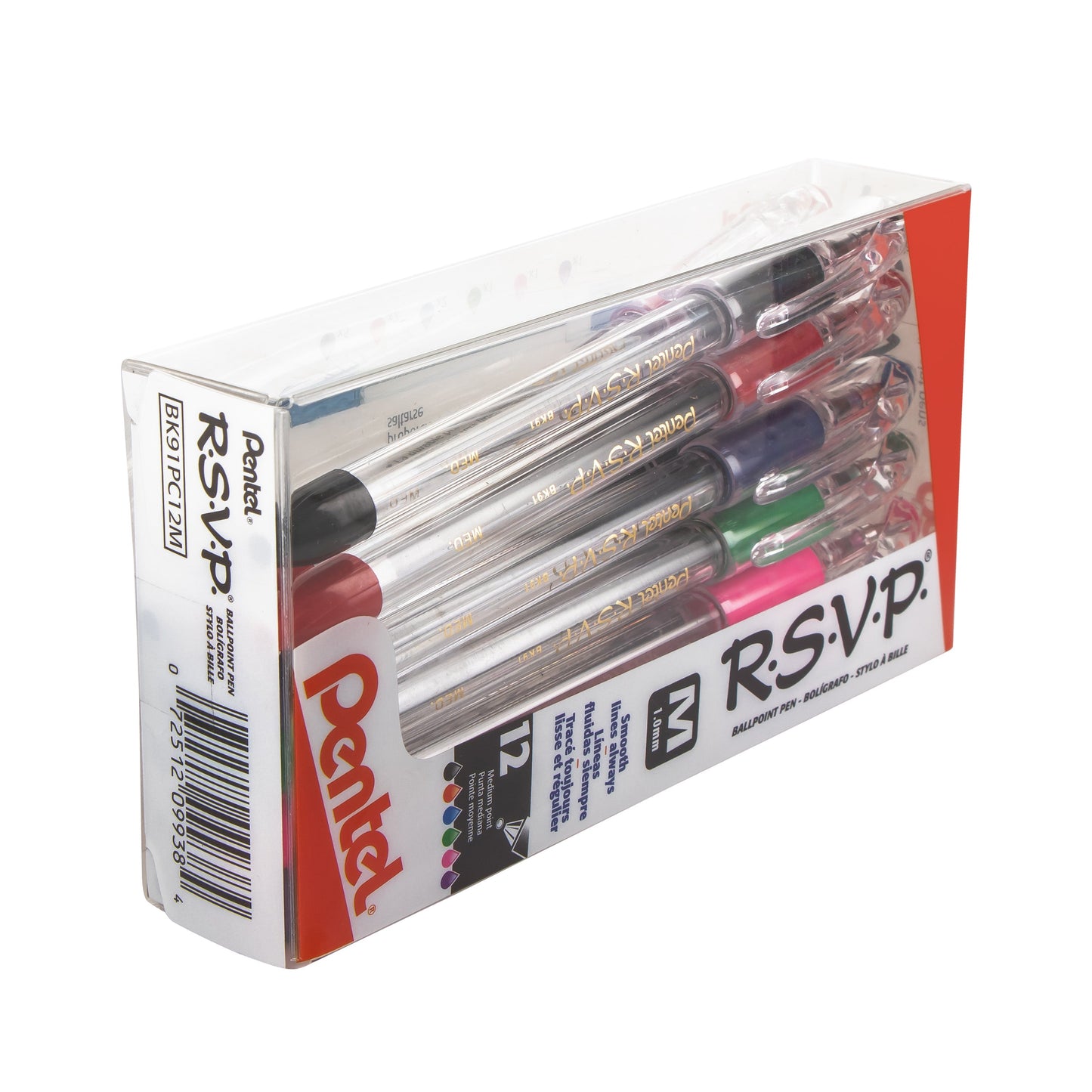 RSVP Ballpoint Pen, (1.0mm) Medium Line, 12-Assorted Ink (5A/2B/2C/D/P/V) Pen in Clear plastic box (BK91PC12M)