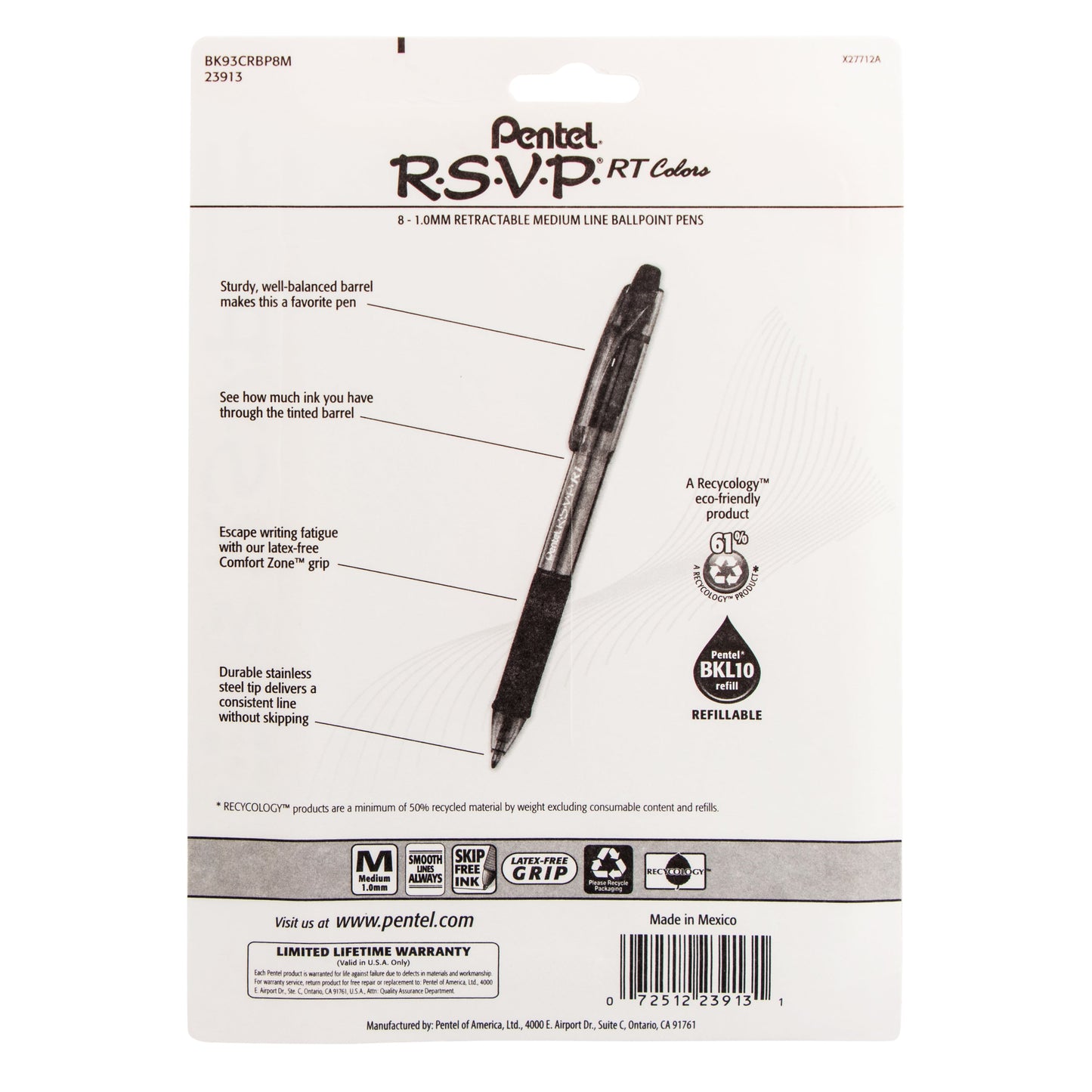 RSVP RT COLORS Retractable Ballpoint Pen, (1.0mm) Medium Line, Asstd Ink (A/B/C/D/F/P/S/V) 8-Pk (BK93CRBP8M)
