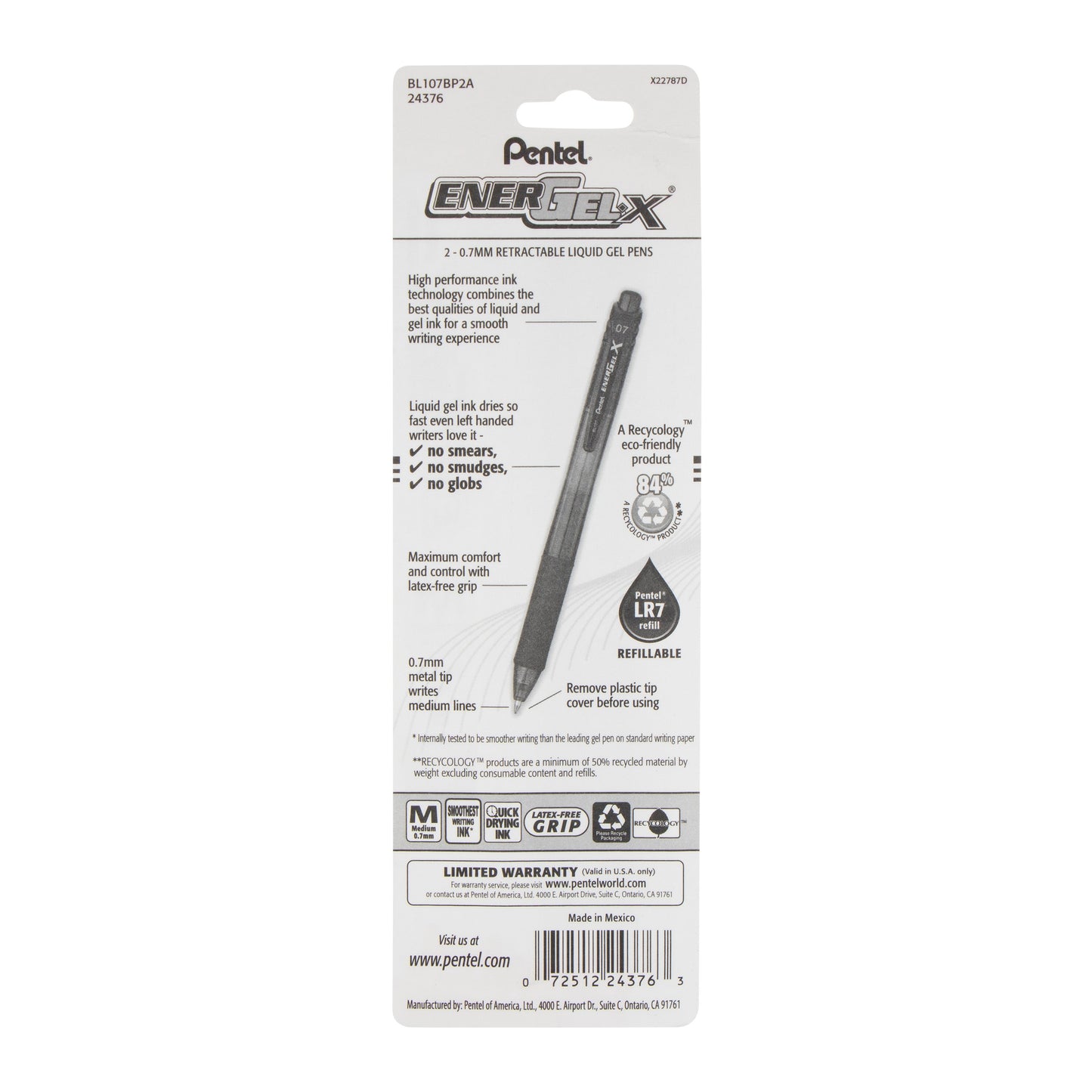 EnerGel-X Retractable Liquid Gel Pen, (0.7mm) Metal Tip, Medium Line, Black Ink 2-Pk (BL107BP2A)