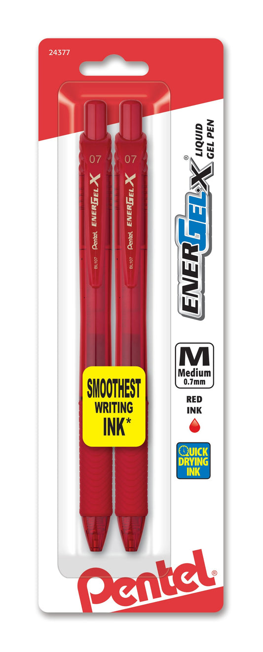 EnerGel-X Retractable Liquid Gel Pen, (0.7mm) Metal Tip, Medium Line, Red Ink 2-Pk (BL107BP2B)