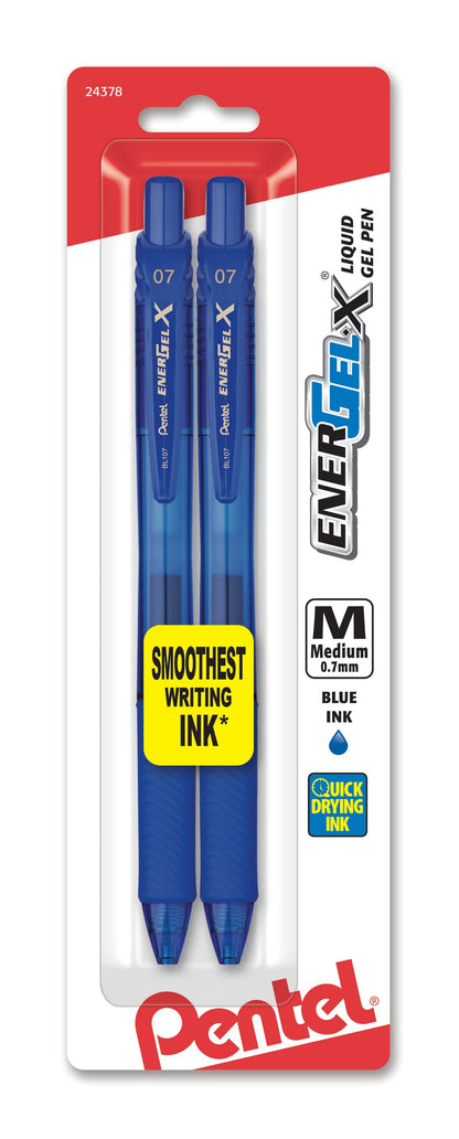 EnerGel-X Retractable Liquid Gel Pen, (0.7mm) Metal Tip, Medium Line, Blue Ink 2-Pk (BL107BP2C)