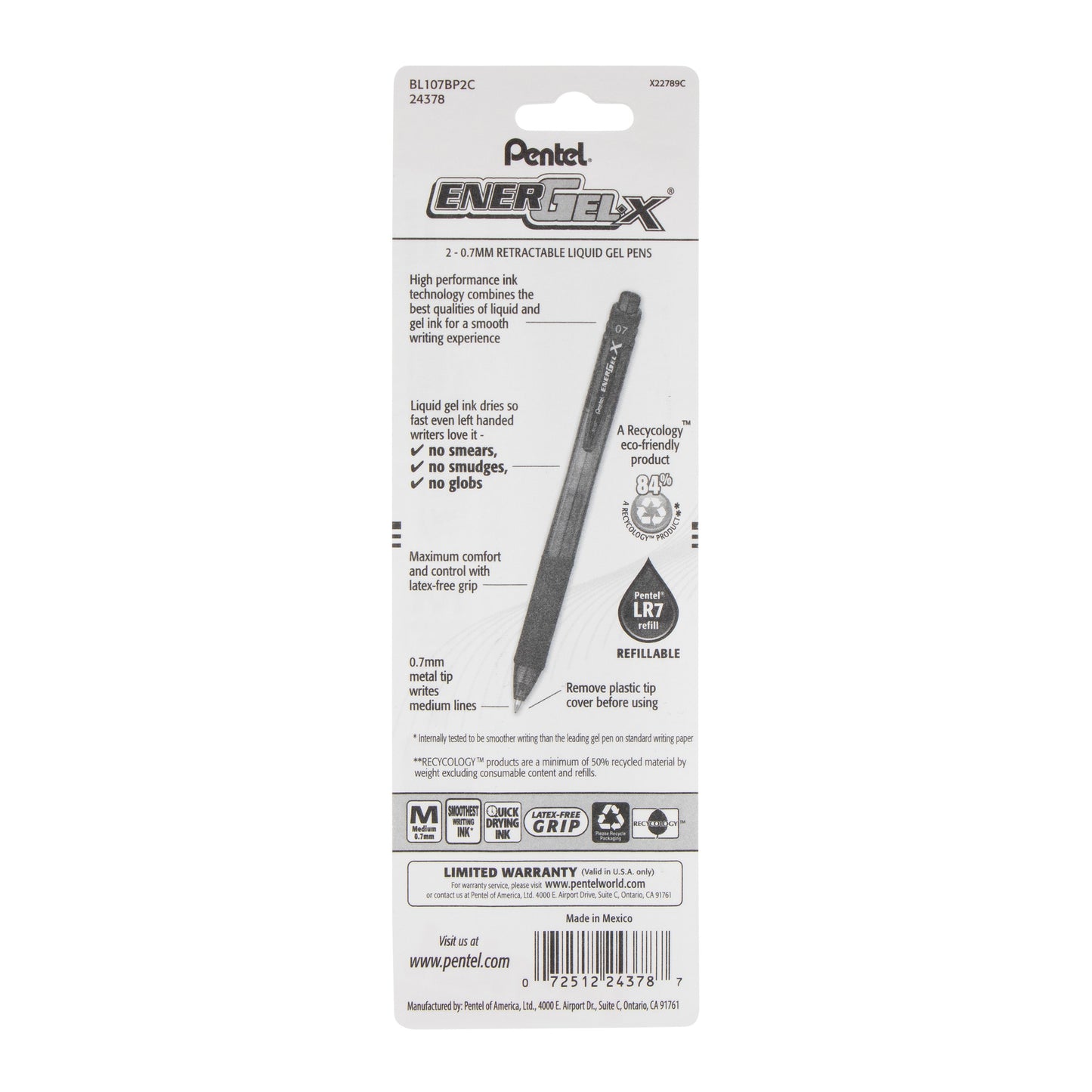 EnerGel-X Retractable Liquid Gel Pen, (0.7mm) Metal Tip, Medium Line, Blue Ink 2-Pk (BL107BP2C)