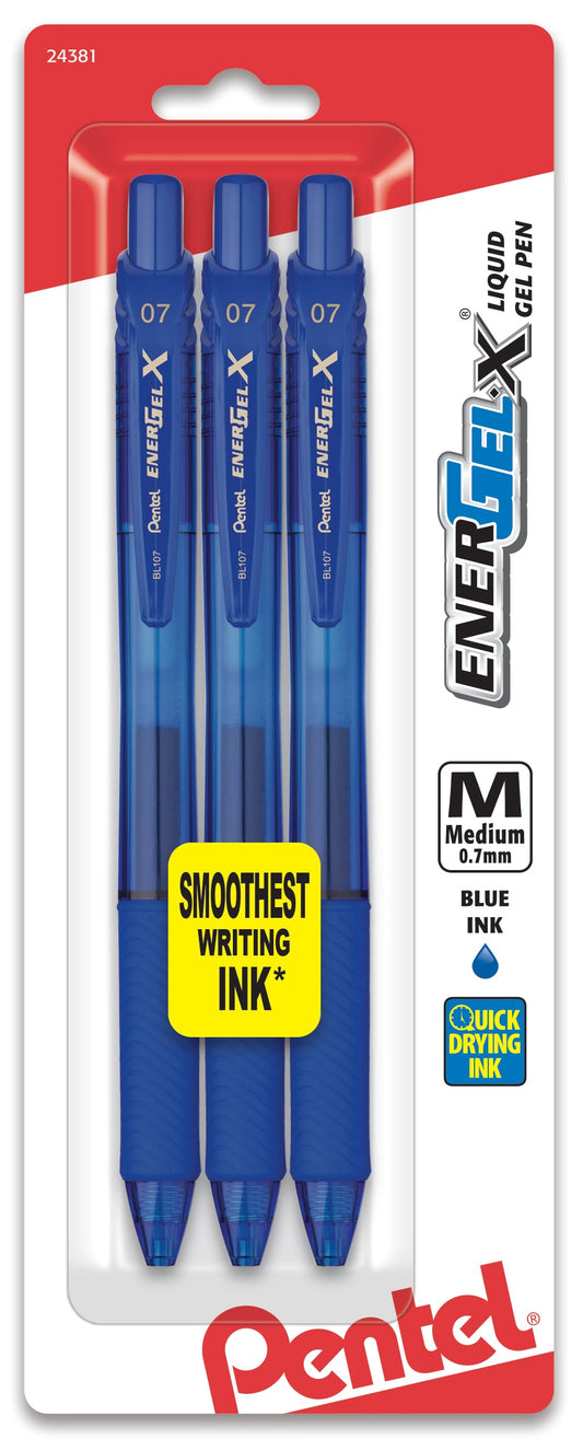 EnerGel-X Retractable Liquid Gel Pen, (0.7mm) Metal Tip, Medium Line, Blue Ink 3-Pk (BL107BP3C)