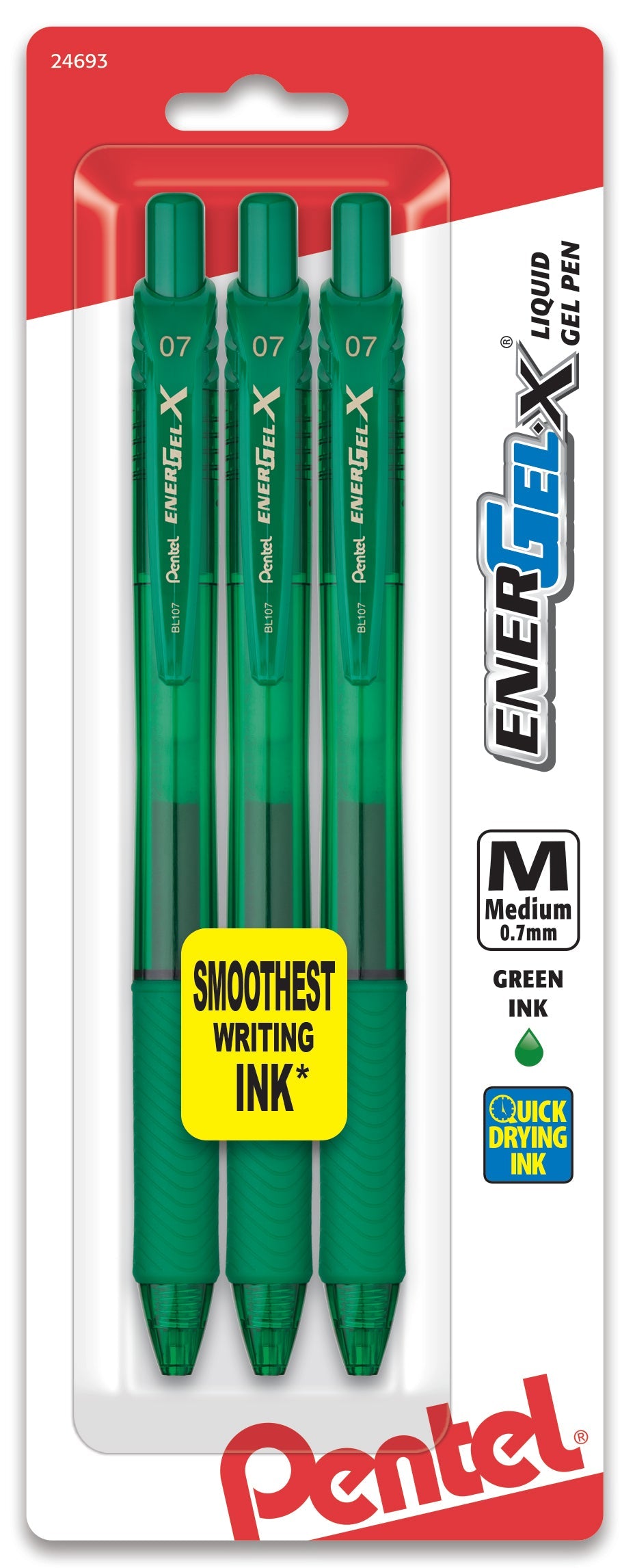 EnerGel-X Retractable Liquid Gel Pen, (0.7mm) Metal Tip, Medium Line, Green Ink 3-Pk (BL107BP3D)
