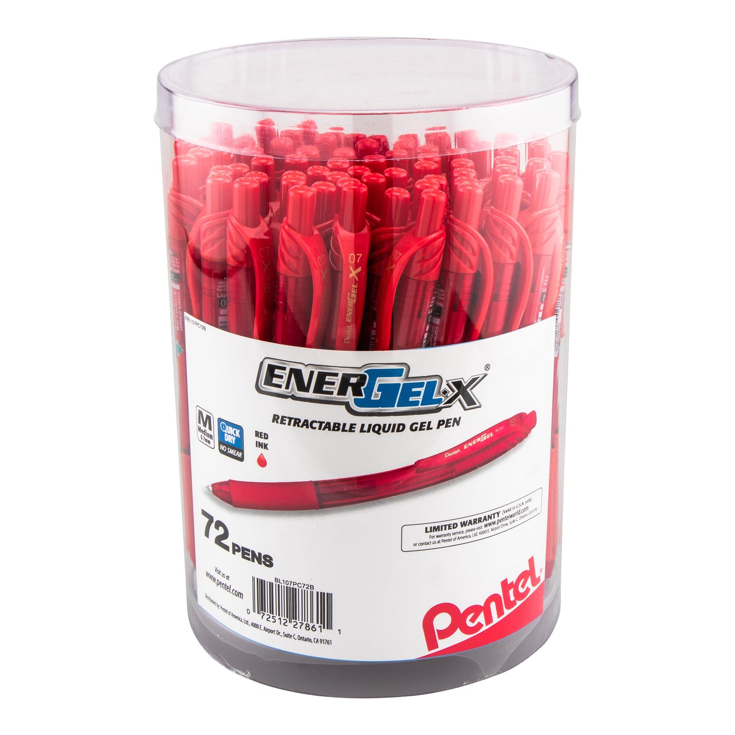 Pentel EnerGel-X Retractable Gel Pen, (0.7mm) Med. line, Red Ink, 72-pk Canister (BL107PC72B)