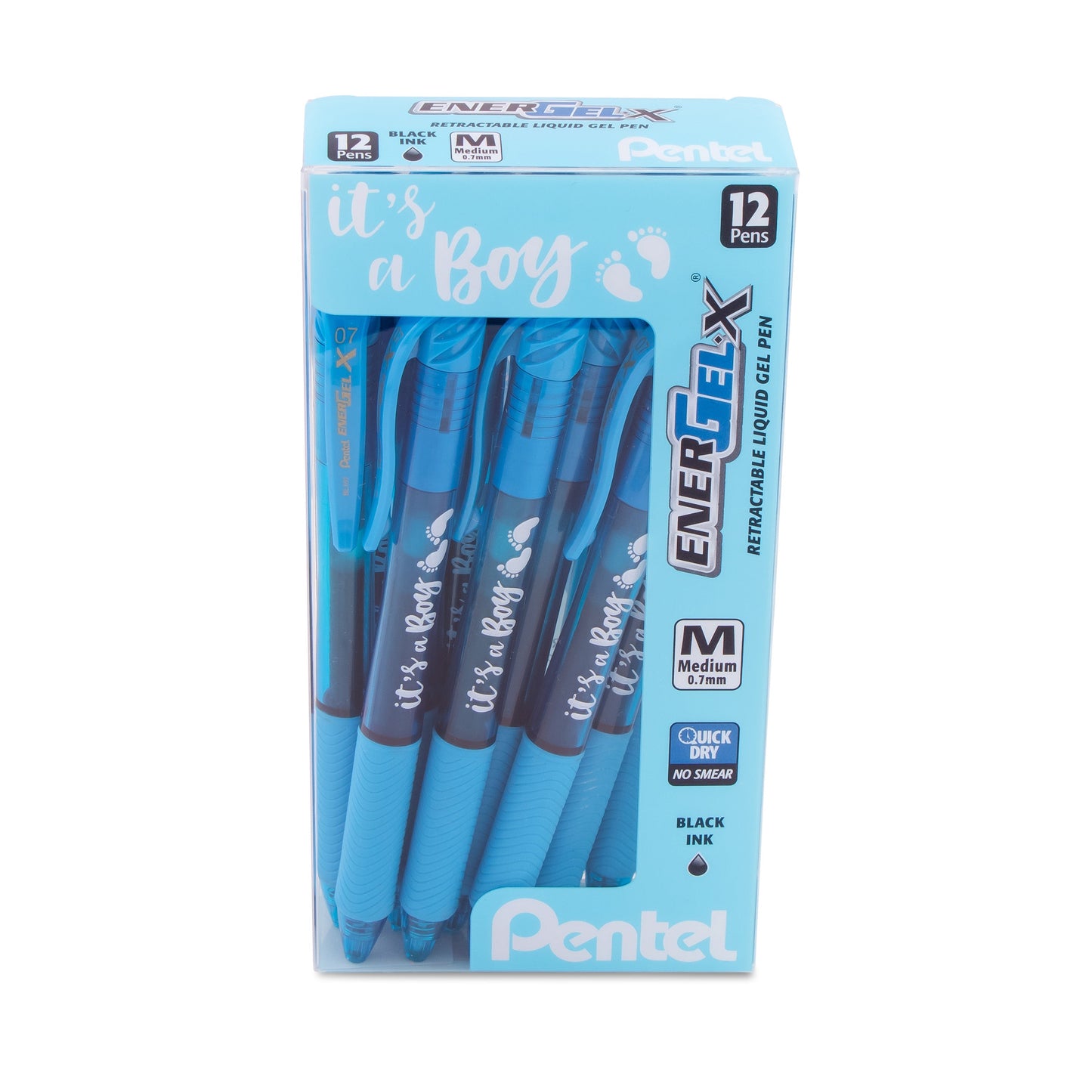 EnerGel-X Retractable Gel Pen, (0.7mm) Med. line, Sky Blue Ink- its a Boy Dozen Box (BL107SPC12)