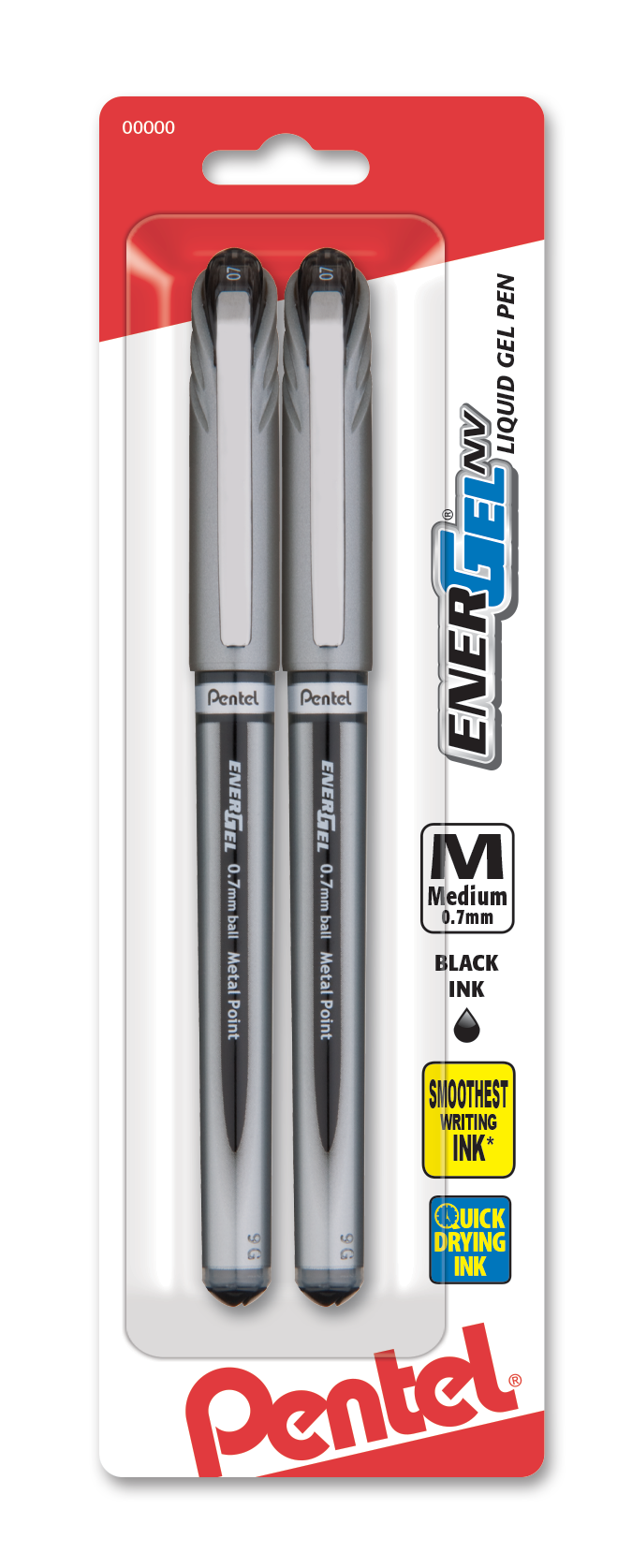 EnerGel NV Liquid Gel Pen, (0.7mm) Metal Tip, Medium Line Capped, Black Ink 2-Pk (BL27BP2A)