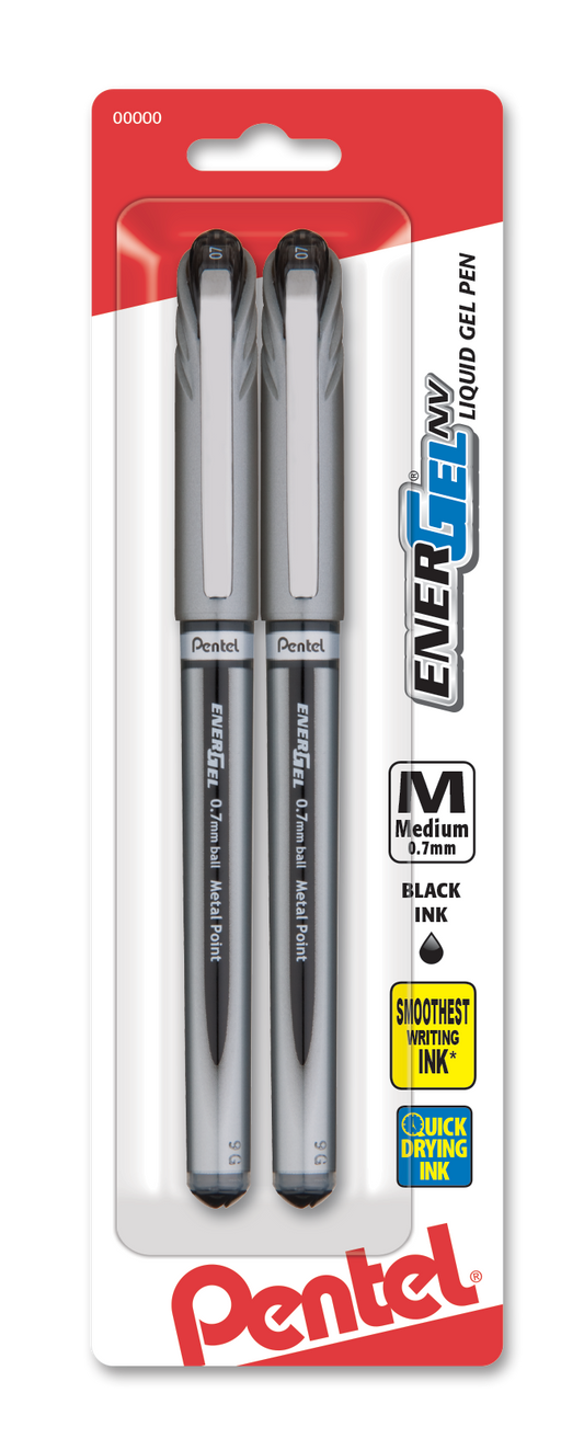 EnerGel NV Liquid Gel Pen, (0.7mm) Metal Tip, Medium Line Capped, Black Ink 2-Pk (BL27BP2A)