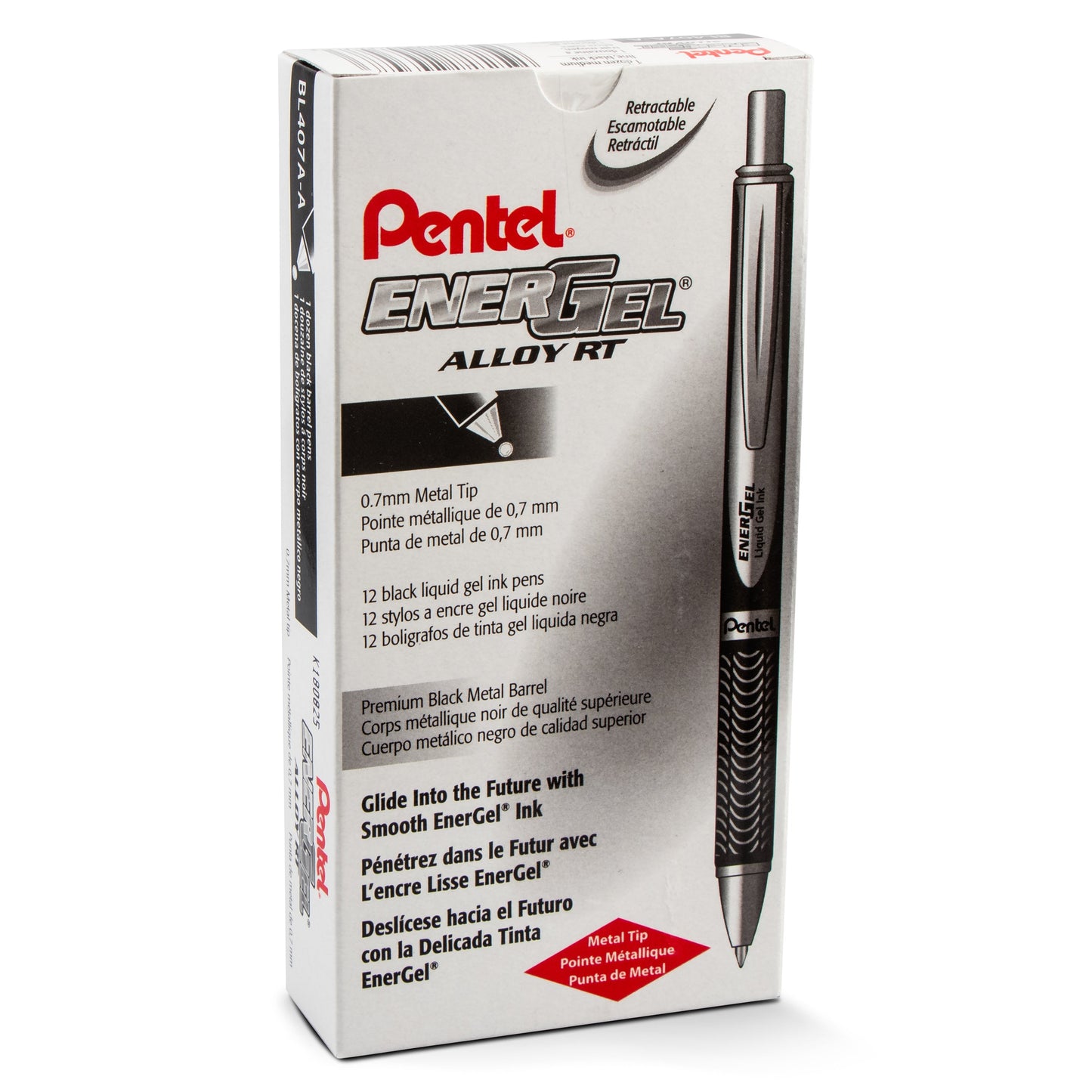 EnerGel Alloy Retractable Premium Liquid Gel Pen, (0.7mm) Metal Tip, Medium Line,Black Barrel, Black Ink (BL407A-A)