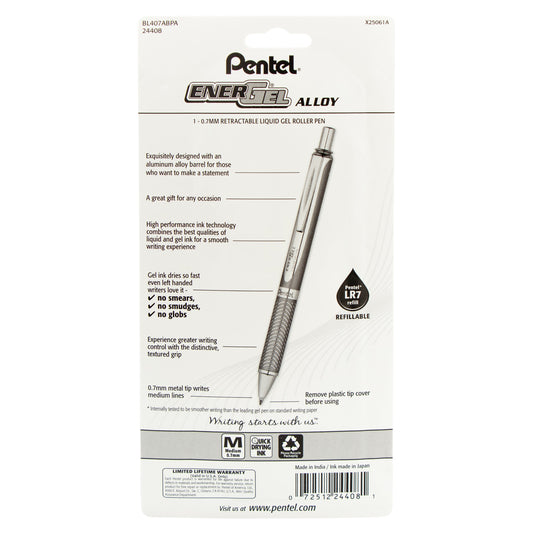 EnerGel Alloy Retractable Premium Liquid Gel Pen, (0.7mm) Black Barrel, Black Ink 1-Pk (BL407ABPA)
