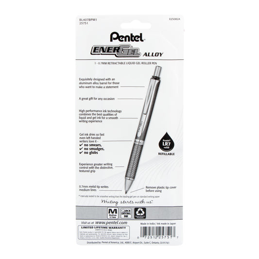 EnerGel Alloy Retractable Premium Liquid Gel Pen, (0.7mm) Assorted Barrels, Black Ink 1-Pk (BL407BPM1)