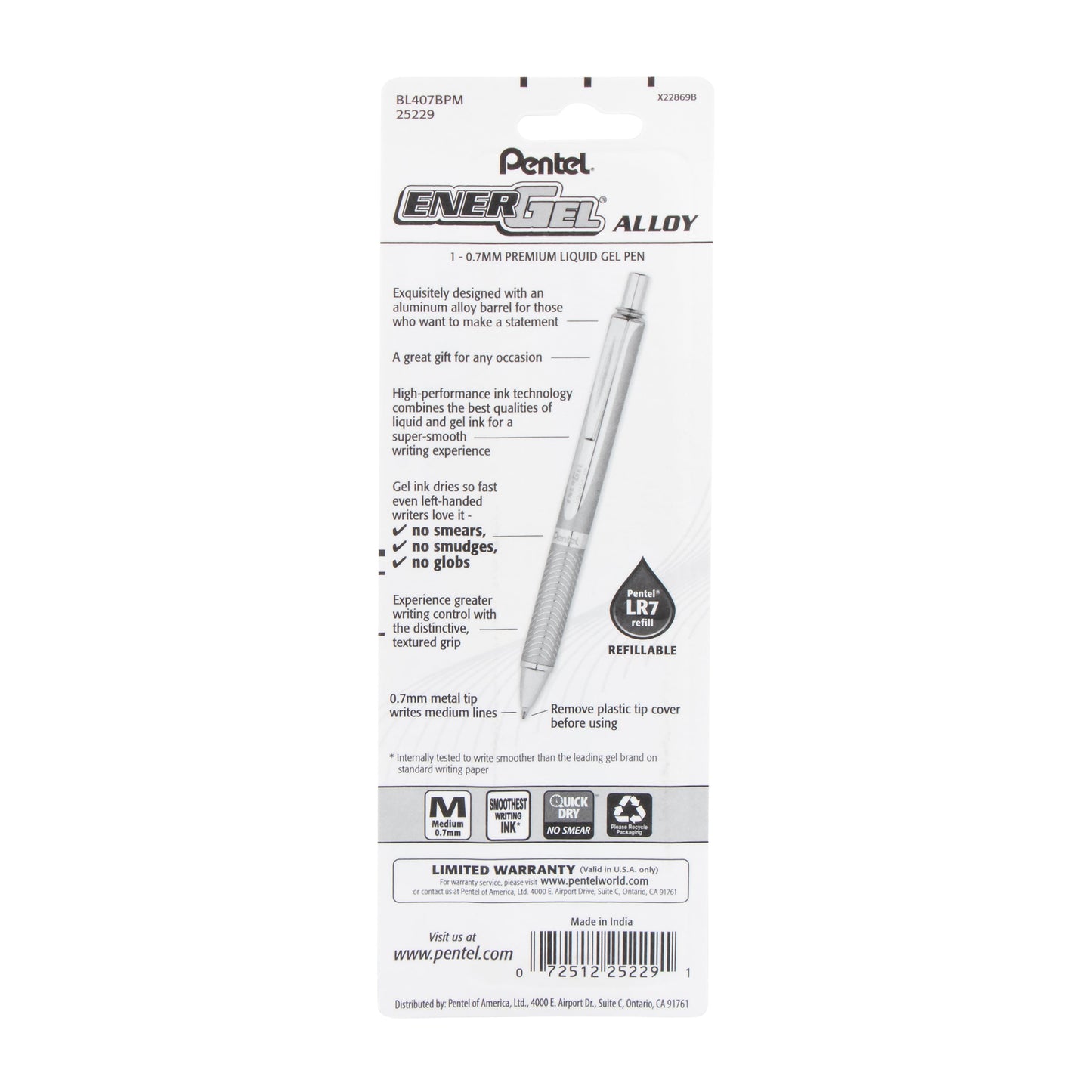 EnerGel Alloy Retractable Premium Liquid Gel Pen, (0.7mm) Assorted Barrels, Black Ink 1-Pk (BL407BPM)