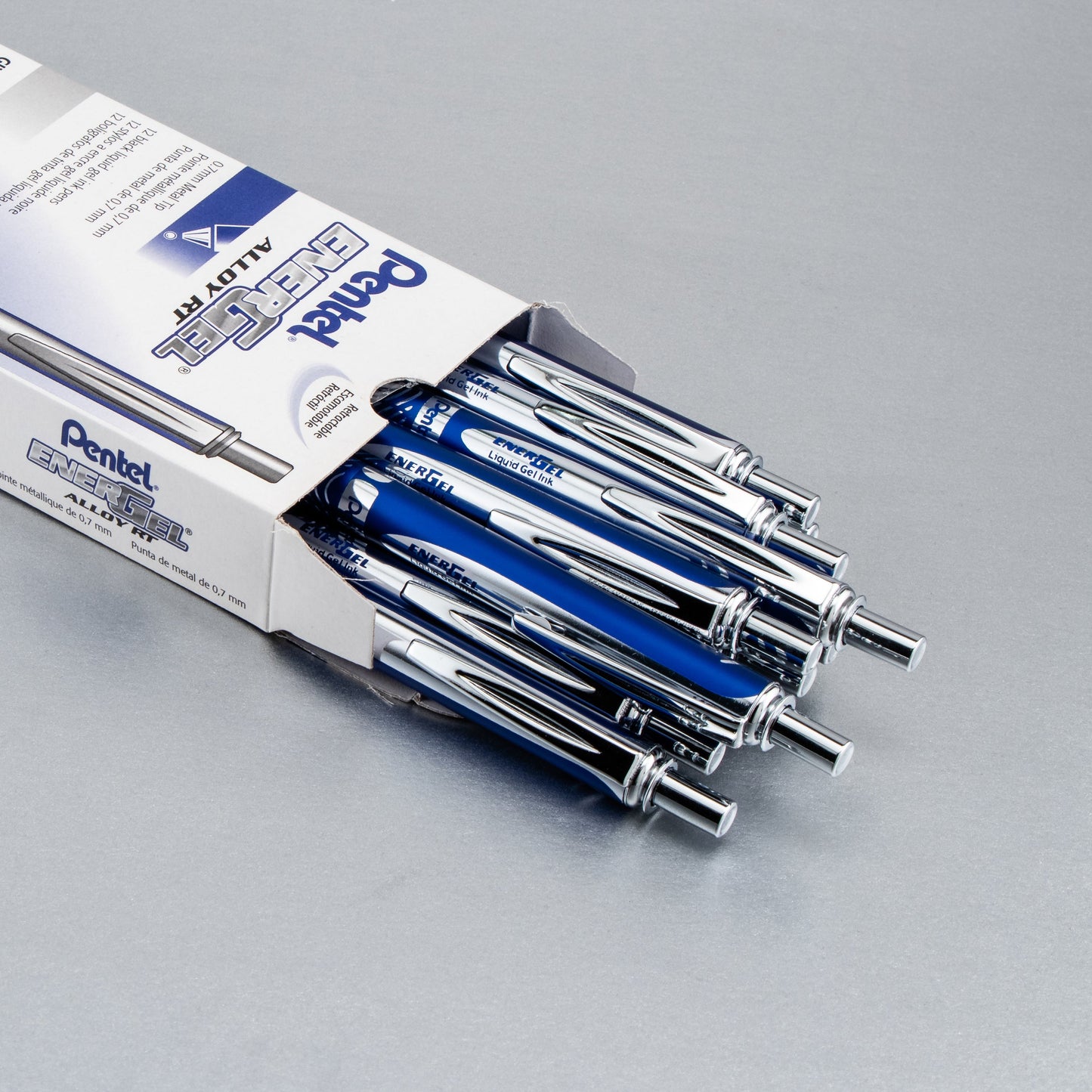 EnerGel Alloy Retractable Premium Liquid Gel Pen, (0.7mm) Metal Tip, Medium Line, Blue Barrel, Black Ink (BL407C-A)