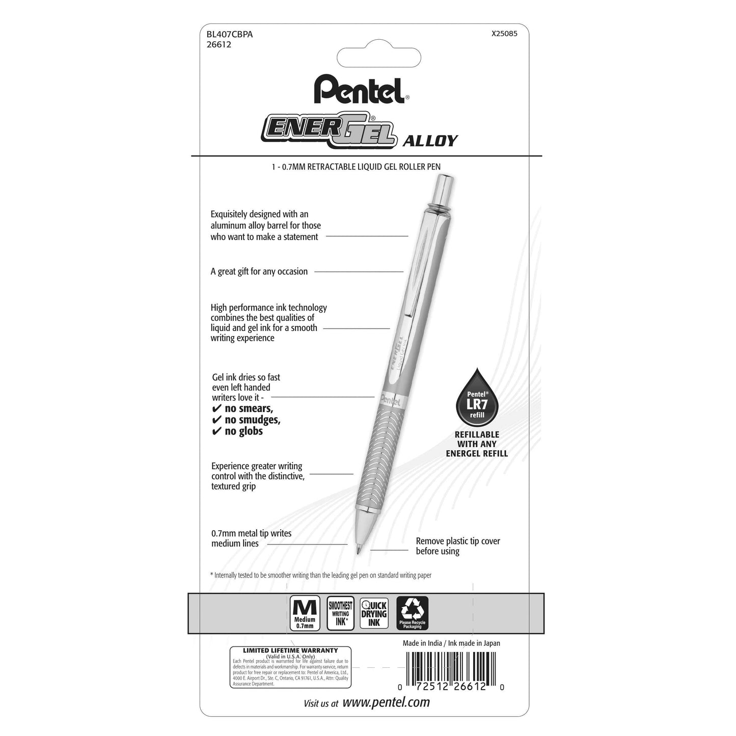 EnerGel Alloy Retractable Premium Liquid Gel Pen, (0.7mm) Medium Line, Blue Barrel, Black Ink, 1-Pk (BL407CBPA)
