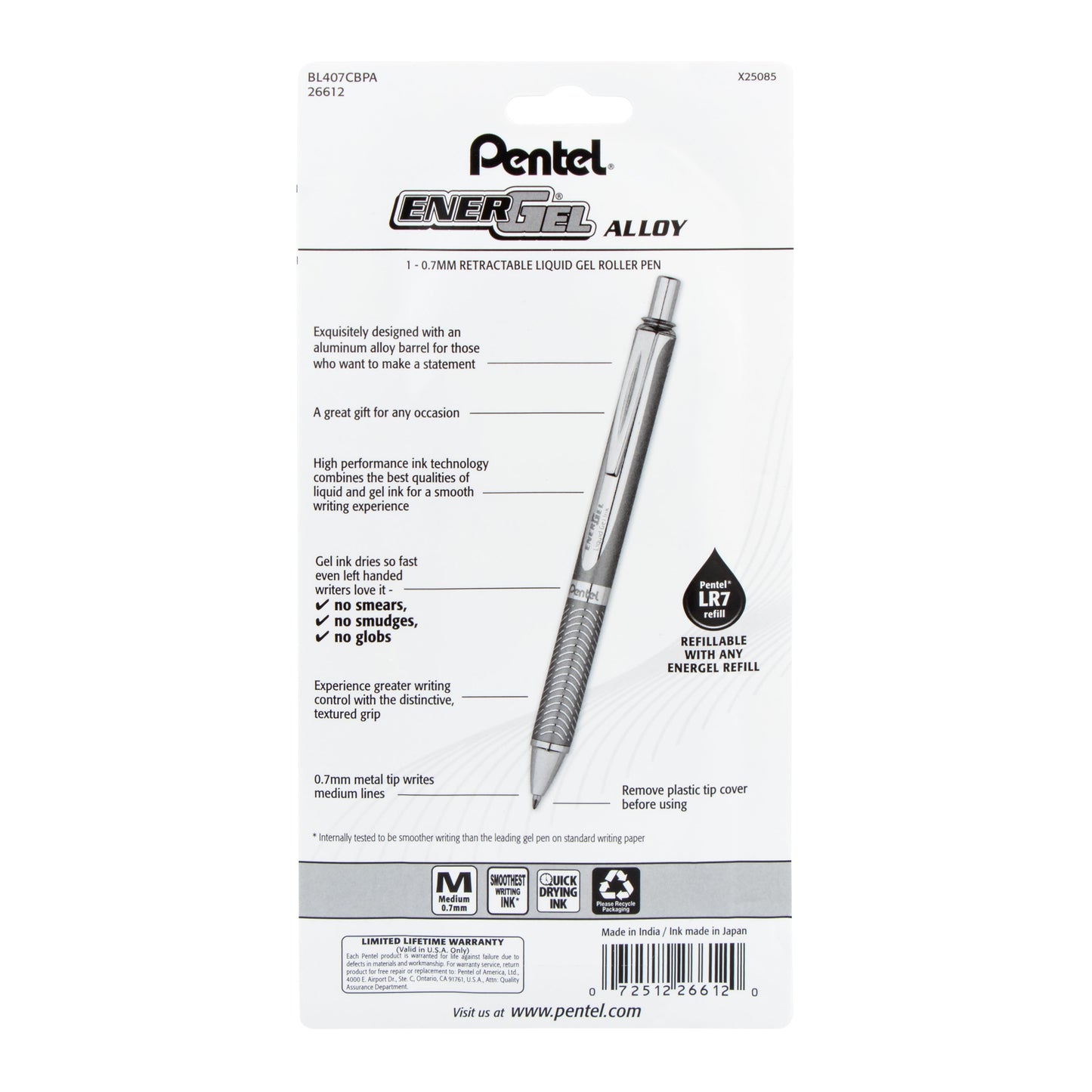 EnerGel Alloy Retractable Premium Liquid Gel Pen, (0.7mm) Medium Line, Blue Barrel, Black Ink, 1-Pk (BL407CBPA)