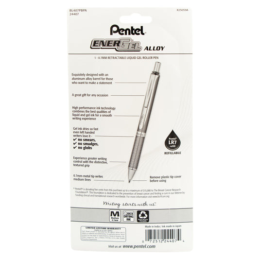 Pentel PINK BCA EnerGel Alloy Retractable Premium Liquid Gel Pen, (0.7mm) Metal Tip, Medium Line, Pink Barrel, Black Ink 1-Pk (BL407PBPA)